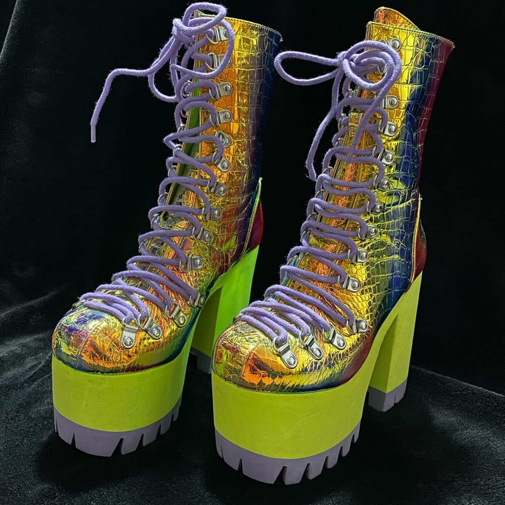 Club Exx Cosmic Matter iridescent platform boots